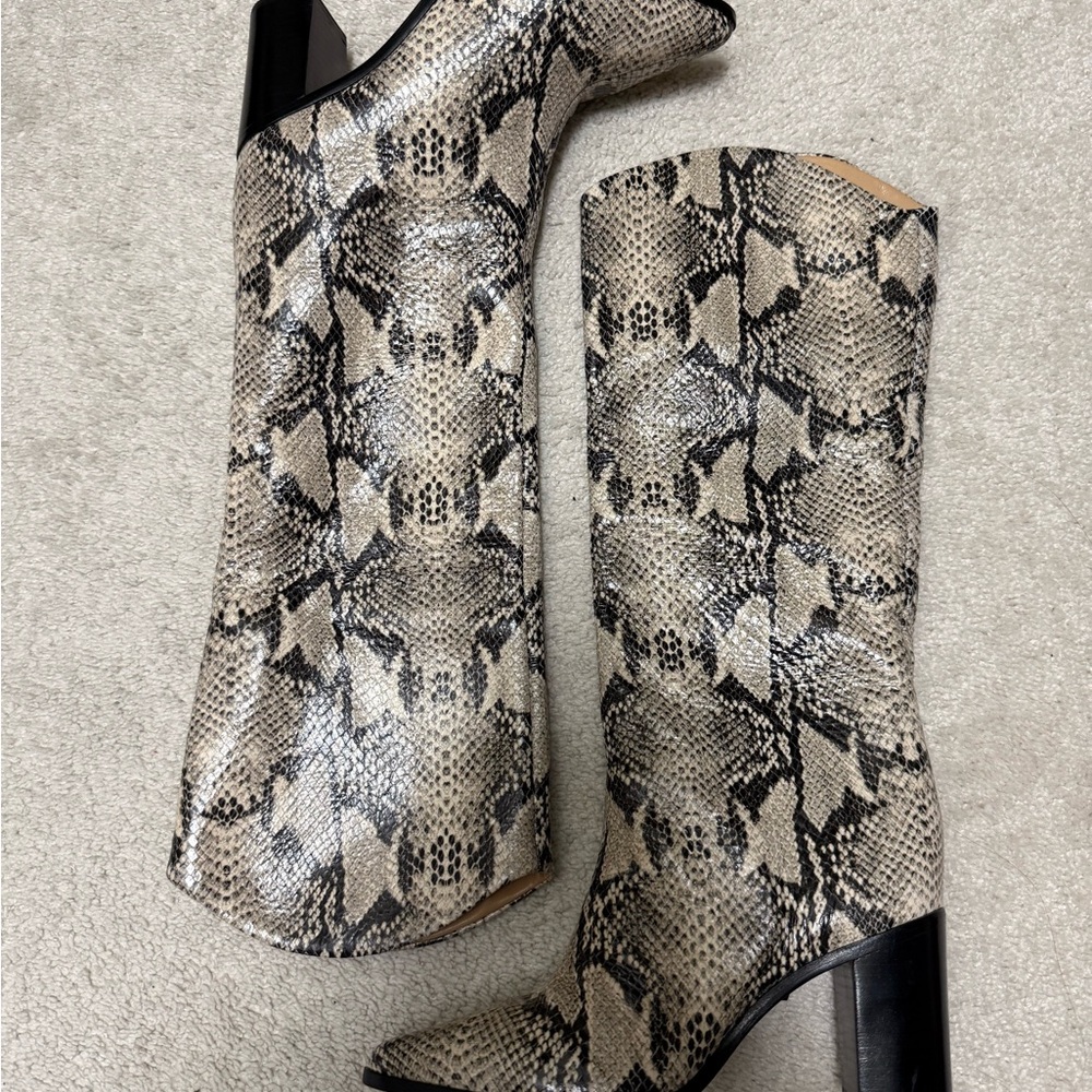 SCHUTZ Snakeskin Heeled Boots - Black and Cream